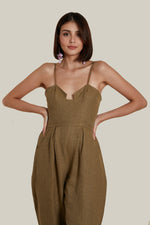 Load image into Gallery viewer, Sweetheart Baggy Jumpsuit in Brown Thick Woven Linen
