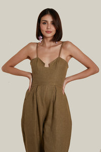 Sweetheart Baggy Jumpsuit in Brown Thick Woven Linen