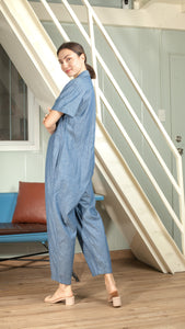 Oversized Short Sleeve Baggy Jumpsuit — Soft Denim Blue