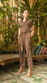 Load image into Gallery viewer, Short Sleeve Tapered Jumpsuit — Brown Floral
