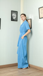 Load image into Gallery viewer, Four Button Lapel Wide Hem Jumpsuit — Azure Blue
