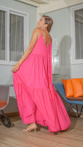 Double Strap V-Neckline Long Dress in Fuchsia Woven Polyester