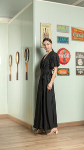 Short Mushroom Sleeve Wrap Long Dress — Black