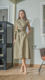 Load image into Gallery viewer, Wide Wrap Belt Dress — Fatigue Green Linen

