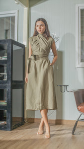 Wide Wrap Belt Dress — Fatigue Green Linen