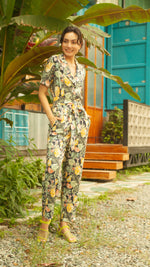Load image into Gallery viewer, Front Zip Lapel Tapered Jumpsuit — Pineapple

