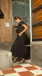 Load image into Gallery viewer, Flat Waistband Wide Hem Pants with Belt Loop in Black Eyelet
