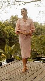 Load image into Gallery viewer, 3/4 Mushroom Sleeve Wrap Midi Dress — Floral
