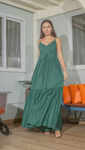 Double Strap V-Neckline Long Dress in Plant Lightweight Cotton Weave