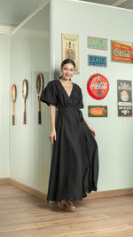 Load image into Gallery viewer, Short Mushroom Sleeve Wrap Long Dress — Black
