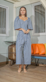 Load image into Gallery viewer, Double Front Pleat Wide Leg Pants in White and Blue Gingham Linen
