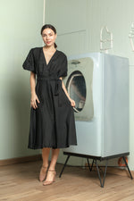 Load image into Gallery viewer, Short Mushroom Sleeve Wrap Midi Dress — Black
