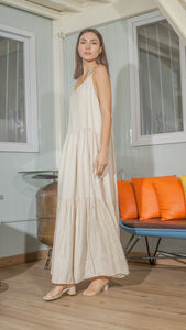 Double Strap V-Neckline Long Dress in Beige Linen