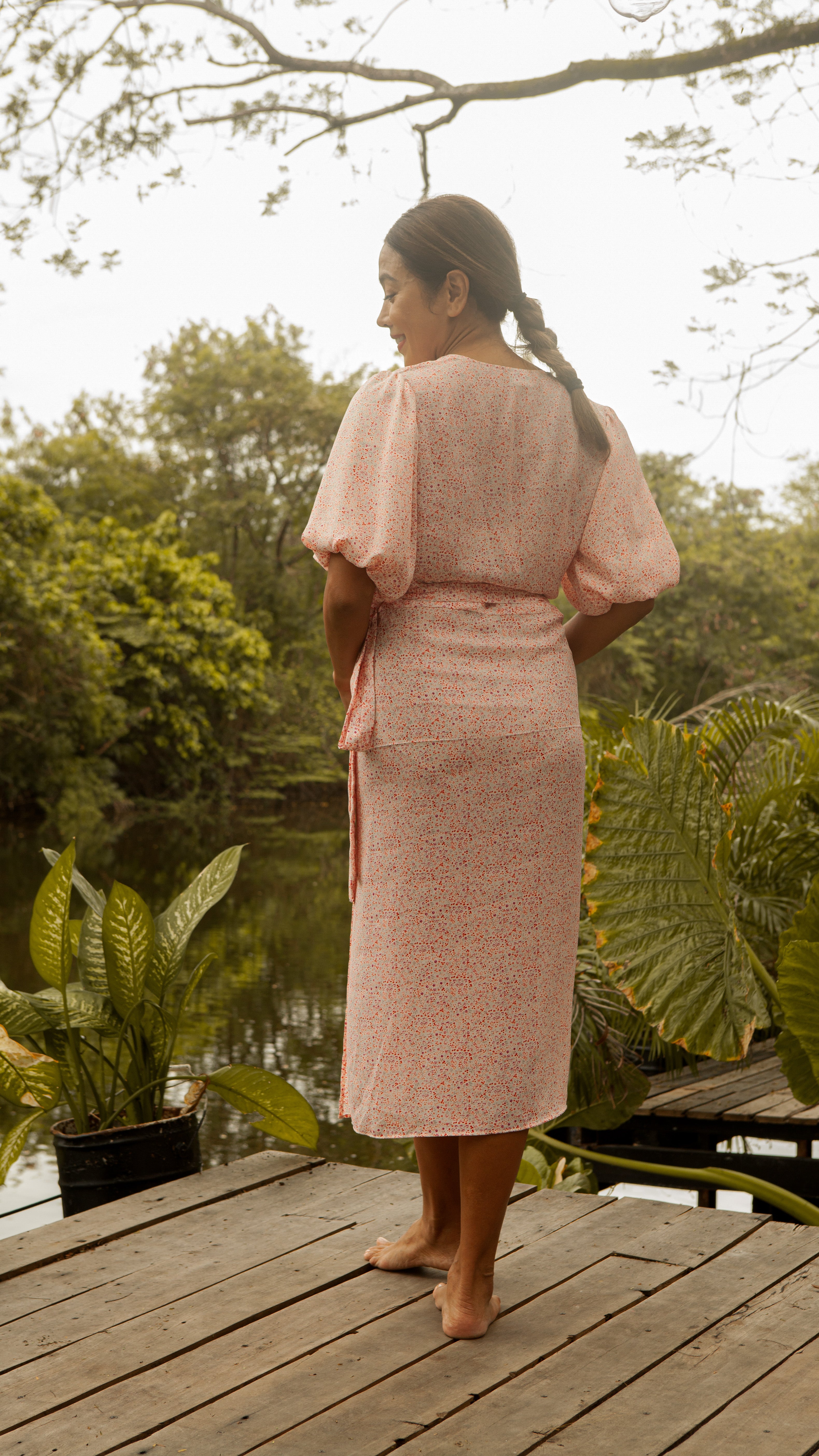 Short Mushroom Sleeve Wrap Midi Dress — Floral