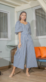 Load image into Gallery viewer, Double Front Pleat Wide Leg Pants in White and Blue Gingham Linen
