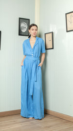 Load image into Gallery viewer, Four Button Lapel Wide Hem Jumpsuit — Azure Blue
