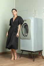 Load image into Gallery viewer, Short Mushroom Sleeve Wrap Midi Dress — Black
