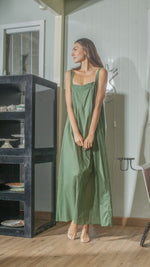 Load image into Gallery viewer, Tie Back Ribbon Dress in Green Lightweight Cotton Weave
