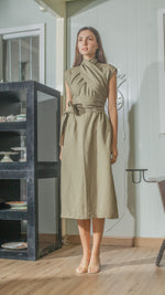 Load image into Gallery viewer, Wide Wrap Belt Dress — Fatigue Green Linen
