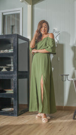 Load image into Gallery viewer, Flounce Cutout Sleeve Double Slit Front Dress in Fatigue Green Crepe
