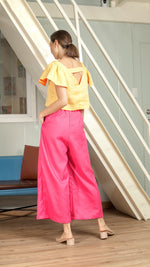 Load image into Gallery viewer, Single Button Flat Front Waistband Back Elastic Wide Hem Pants — Hot Pink
