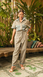 Load image into Gallery viewer, Elastic Waist Oversized Short Sleeve Baggy Jumpsuit — Light Brown / Light Blue
