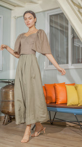 Double Front Pleat Wide Leg Pants in Fatigue Green Linen