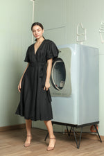Load image into Gallery viewer, Short Mushroom Sleeve Wrap Midi Dress — Black
