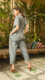 Load image into Gallery viewer, Elastic Waist Oversized Short Sleeve Baggy Jumpsuit — Light Blue / Light Brown
