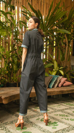 Load image into Gallery viewer, Elastic Waist Oversized Short Sleeve Baggy Jumpsuit — Dark Blue / Light Blue
