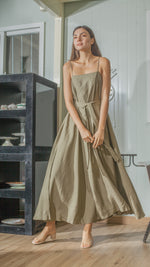 Load image into Gallery viewer, Spaghetti Strap Balloon Dress in Fatigue Green Linen
