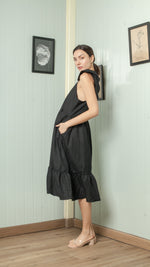 Load image into Gallery viewer, Adjustable Scallop Shoulder Detail Shirred Dress — Black
