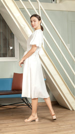 Load image into Gallery viewer, Short Mushroom Sleeve Wrap Midi Dress — White

