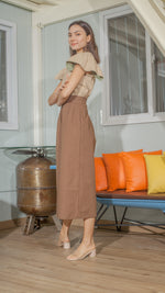 Load image into Gallery viewer, Single Button Front Zip Flat Front Waistband Back Elastic Wide Hem Pants — Dark Brown
