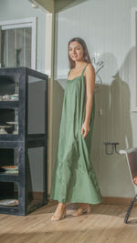 Load image into Gallery viewer, Tie Back Ribbon Dress in Green Lightweight Cotton Weave
