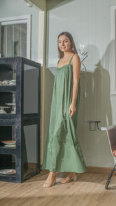 Tie Back Ribbon Dress in Green Lightweight Cotton Weave