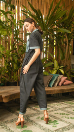 Load image into Gallery viewer, Elastic Waist Oversized Short Sleeve Baggy Jumpsuit — Dark Blue / Light Blue
