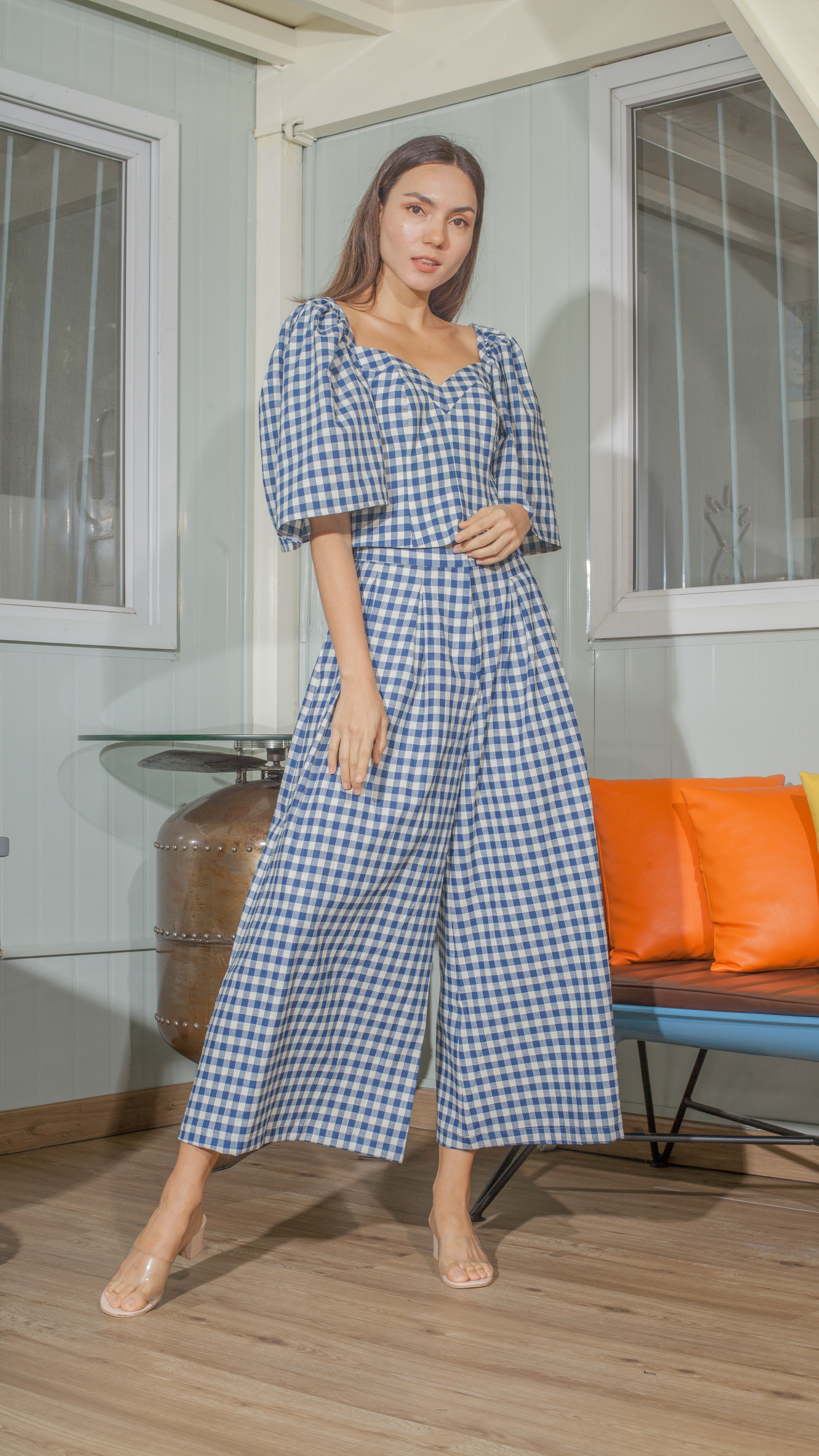 Double Front Pleat Wide Leg Pants in White and Blue Gingham Linen