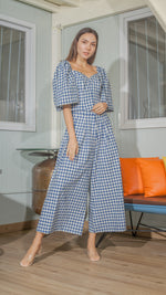 Load image into Gallery viewer, Double Front Pleat Wide Leg Pants in White and Blue Gingham Linen
