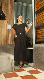Load image into Gallery viewer, Flat Waistband Wide Hem Pants with Belt Loop in Black Eyelet
