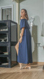 Load image into Gallery viewer, Flounce Cutout Sleeve Double Slit Front Dress in Navy Blue Crepe
