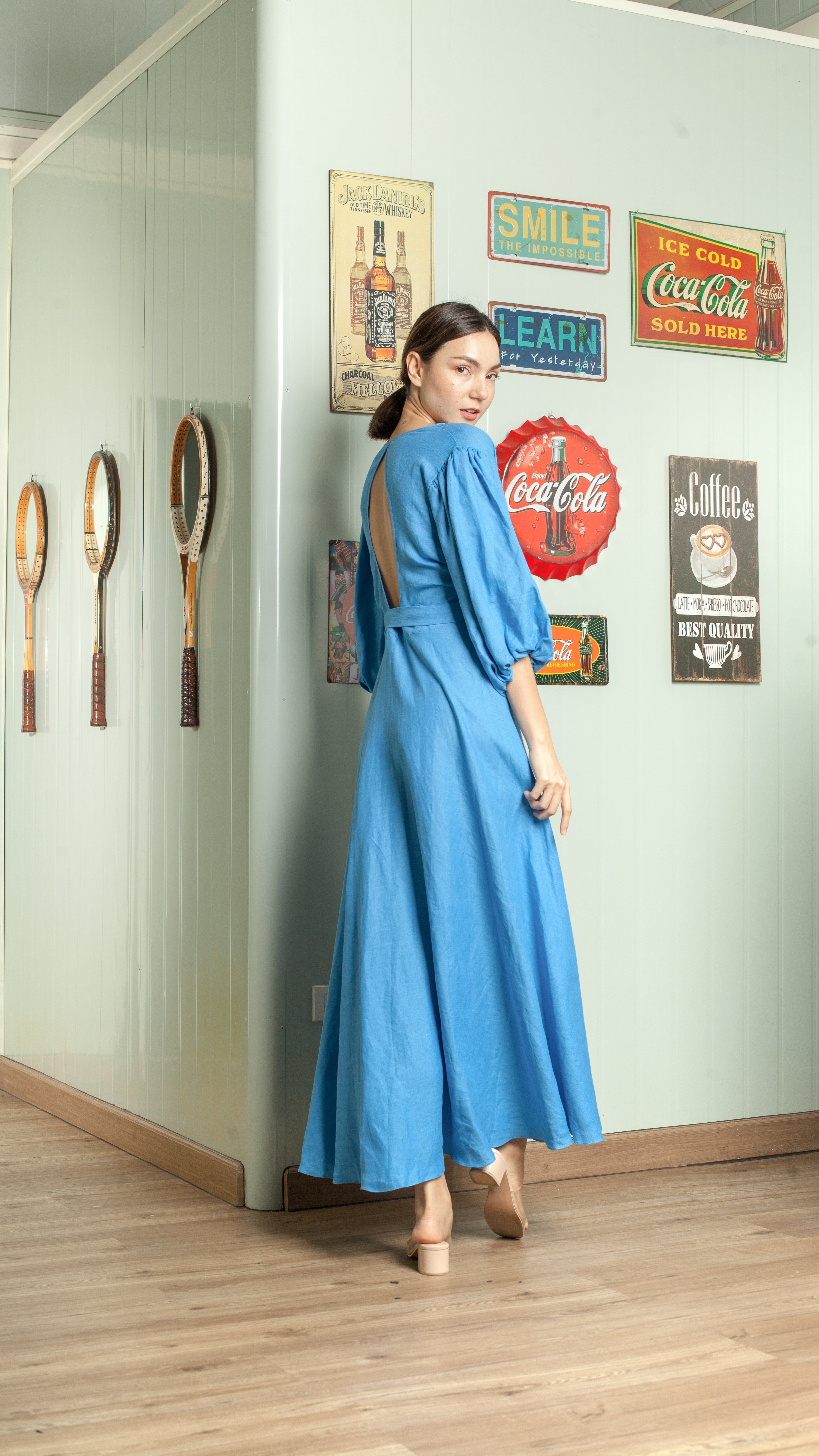 3/4 Mushroom Sleeve Open Back Wrap Long Dress — Azure Blue