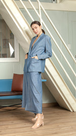 Load image into Gallery viewer, Single Button Wide Hem Elastic Pants — Blue
