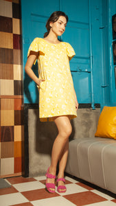 Front Zip V Neck Doll Dress — Yellow Floral