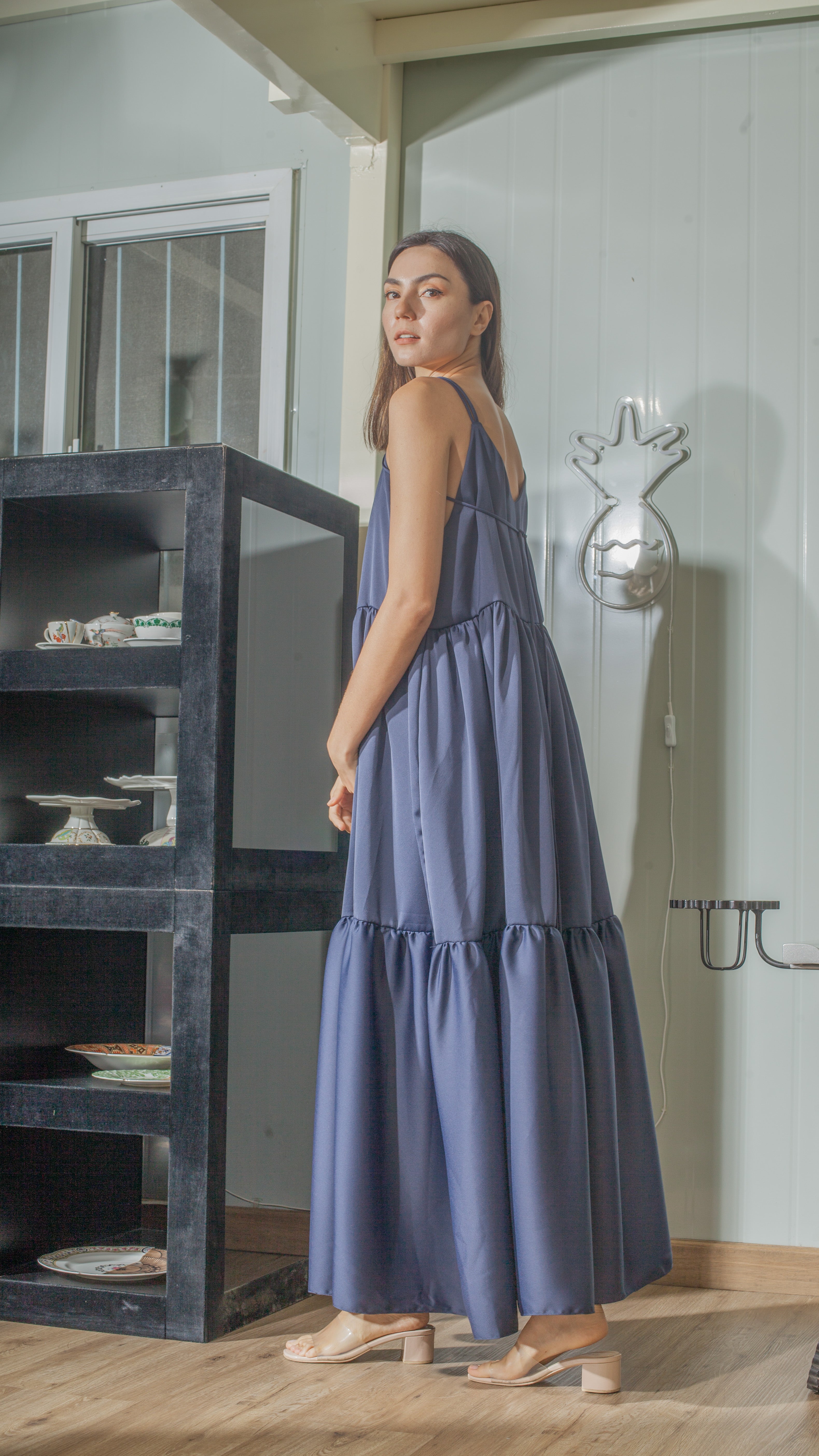Double Strap V-Neckline Long Dress in Blue Crepe