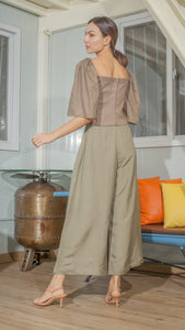 Double Front Pleat Wide Leg Pants in Fatigue Green Linen