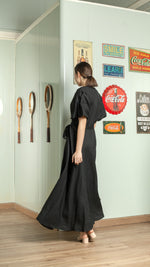 Load image into Gallery viewer, Short Mushroom Sleeve Wrap Long Dress — Black
