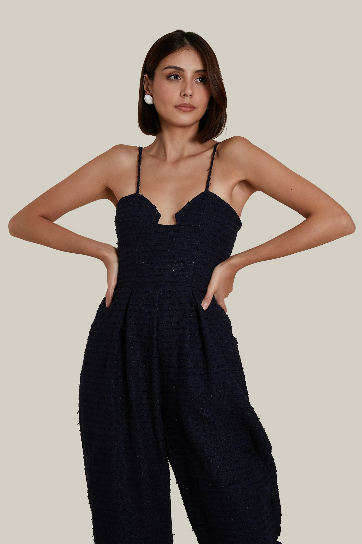 Sweetheart Baggy Jumpsuit in Dark Blue Tweed