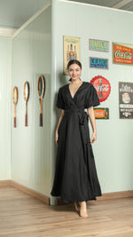 Load image into Gallery viewer, Short Mushroom Sleeve Wrap Long Dress — Black
