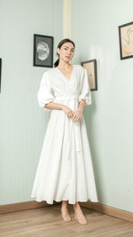 Load image into Gallery viewer, 3/4 Mushroom Sleeve Wrap Long Dress — White
